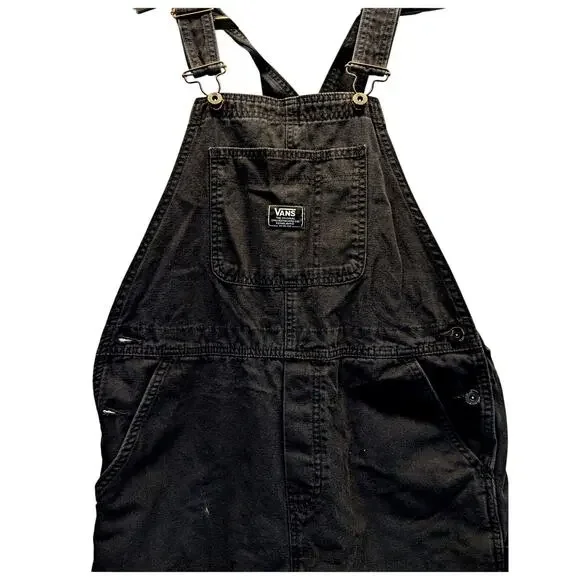 VANS Women's Medium Black Denim Overalls "Groundwork" Carpenter Bib Cotton - Picture 6 of 10